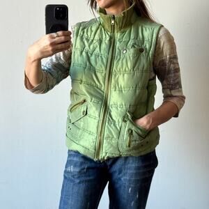 Vintage Y2K 2Bizzy Metallic Green Reversible Utility Zip Puffer Vest